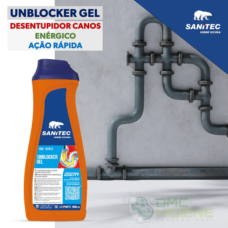 Imagem comercial da Garrafa de Desentupidor de Canos Gel Enérgico Profissional SANITEC UNBLOCKER GEL