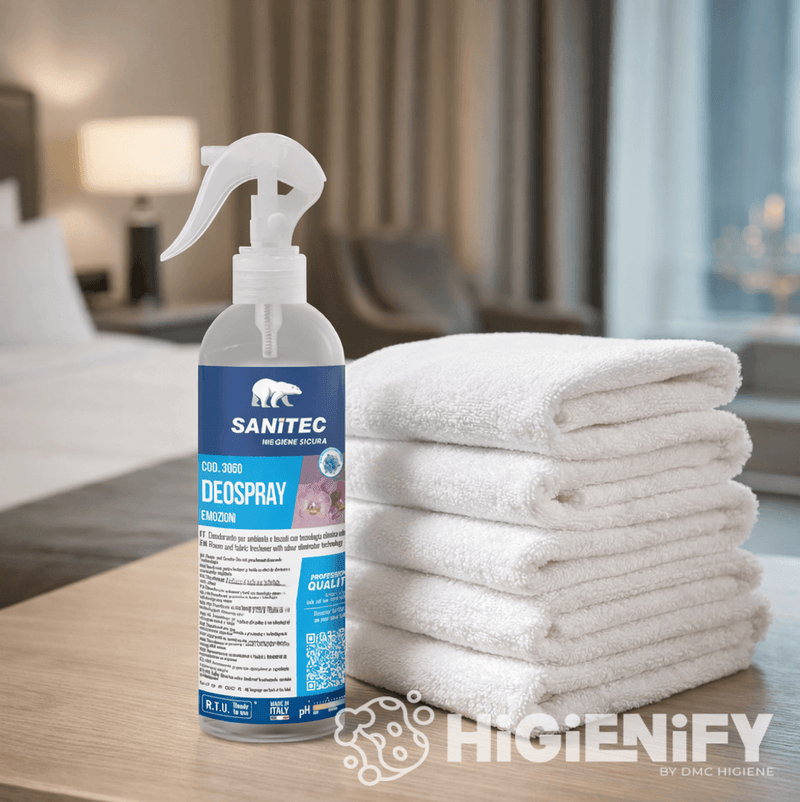 Garrafa de Ambientador e Desodorizante Profissional para Têxteis da marca SANITEC DEO SPRAY em utilização num quarto de hotel moderno