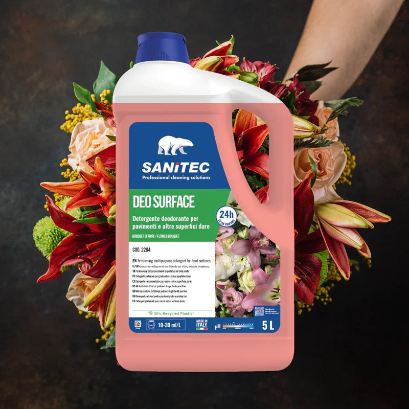 Detergente Pavimentos Neutro Extra Perfumado 5 Litros com Óleos Essenciais SANITEC DEO SURFACE Uso Profissional Perfume Floral