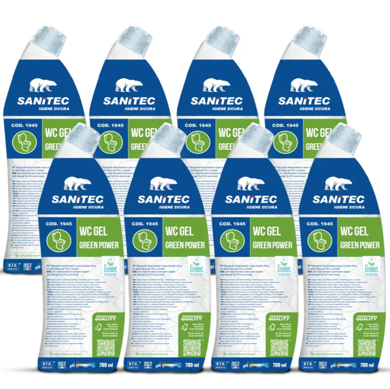 Detergente Gel Anti-Calcário Ecológico 700ml, embalagem de 8 unidades do detergente ecológico SANITEC, para uso profissional