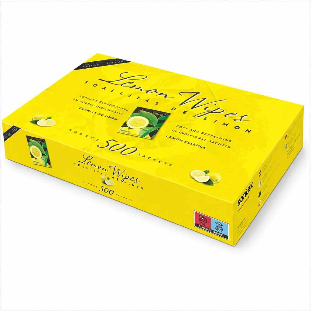 Embalagem de Toalhita Refrescante Perfumada Lemon Wipes, com 500 unidades, ideal para higiene rápida das mãos.