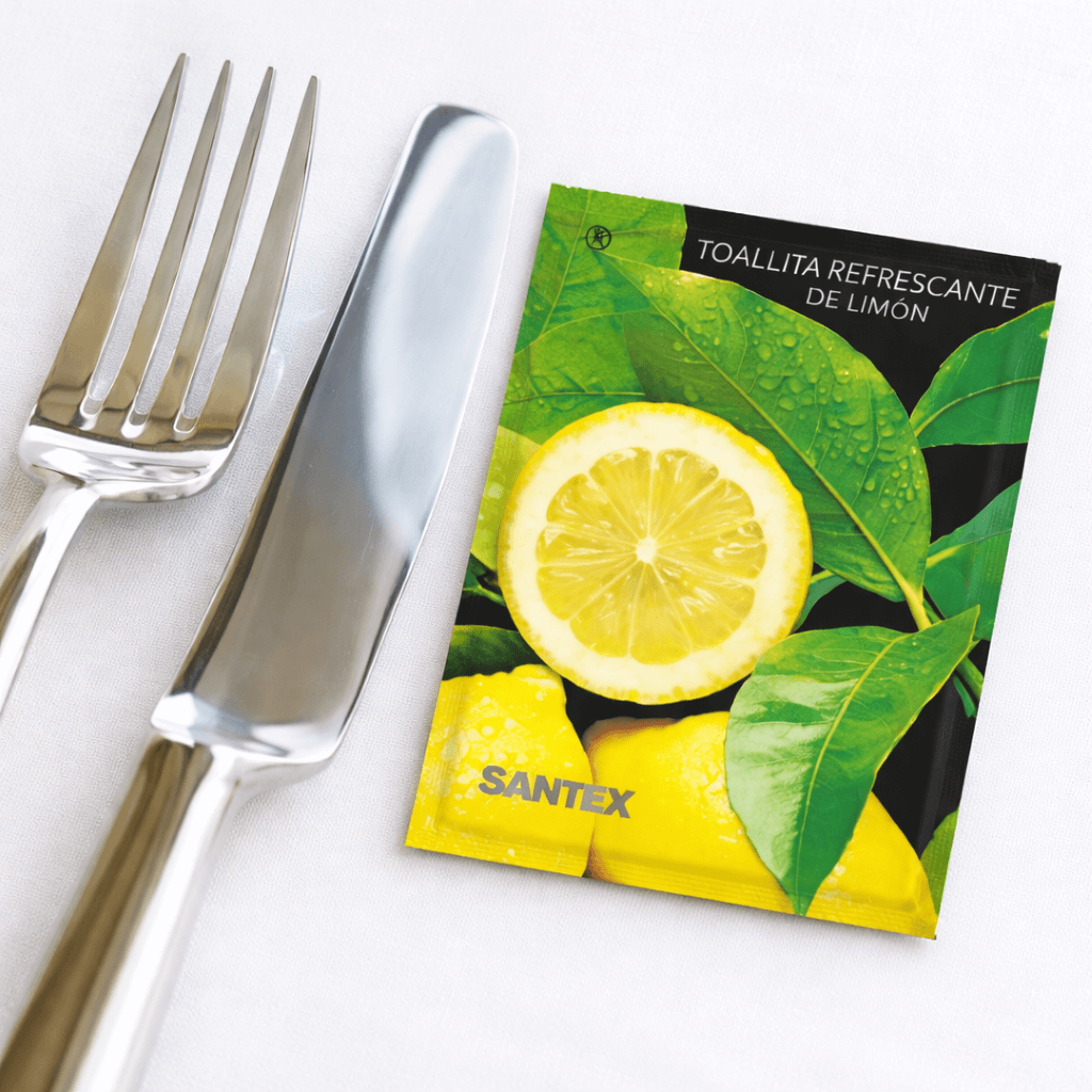 Toalhita Refrescante Perfumada em embalagem, Lemon Wipes da Santex, ideal para higiene das mãos em marisqueiras e cervejarias
