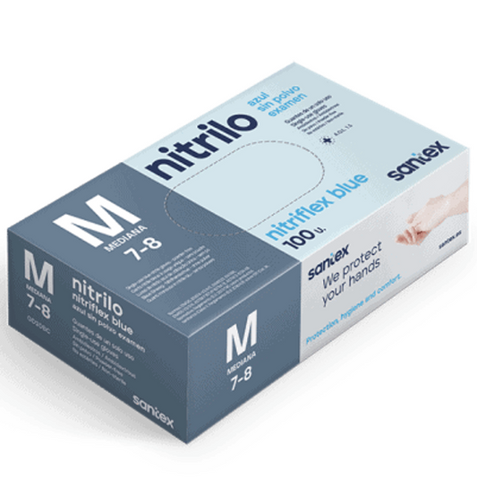 Luvas Nitrilo Azuis Descartáveis, Santex, pack de 100 unidades, tamanho médio, 3,5g, sem pó, ideal para proteção das mãos.