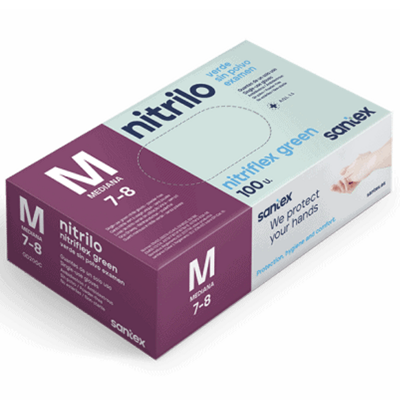 Luvas de Nitrilo Descartáveis Verde Turquesa, da marca Santex Nitriflex Green, tamanho M, pack com 100 unidades.