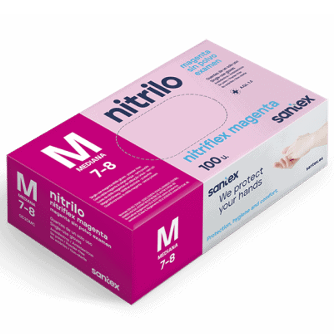 Caixa das Luvas de Nitrilo Descartáveis Rosa Magenta, tamanho M, 100 unidades, marca SANTEX NITRIFLEX.