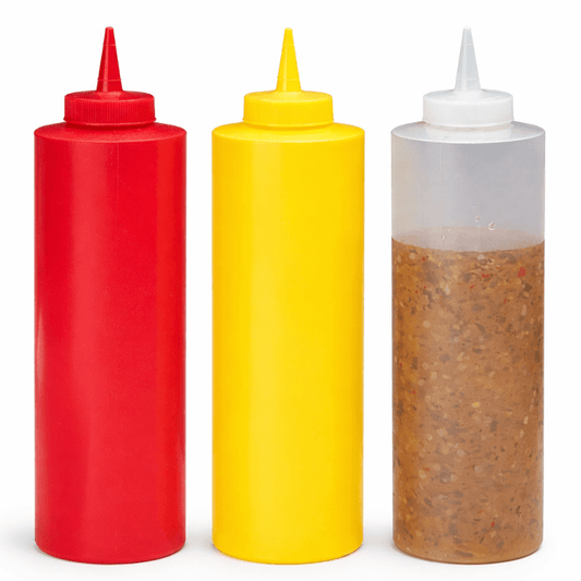 Garrafa Doseadora de Molhos com Aplicador em cores vibrantes: vermelho, amarelo e transparente, ideal para cozinhas.