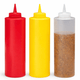 Garrafa Doseadora de Molhos com Aplicador em cores vibrantes: vermelho, amarelo e transparente, ideal para cozinhas.