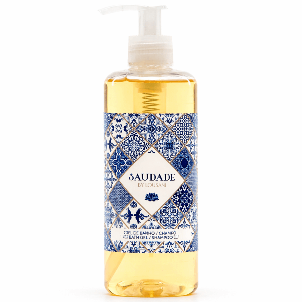 SAUDADE GEL DE BANHO E CHAMPÔ em embalagem com design colorido e bomba dosadora, ideal para higiene diária de hospedes em hotéis e alojamentos locais