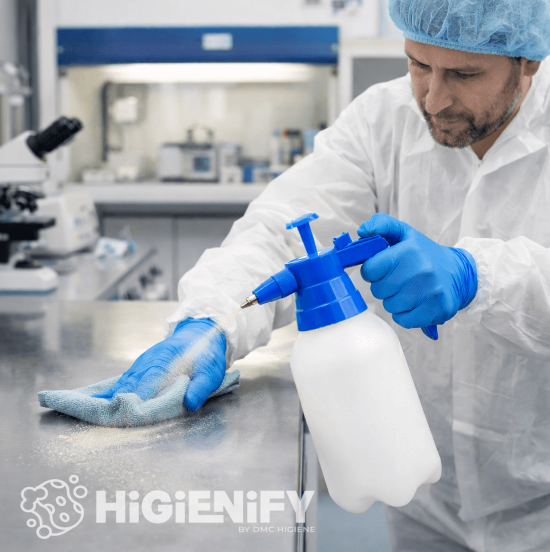 Garrafa Pulverizadora Pressurizada Profissional 2000ml em uso por um profissional de limpeza em laborátorio