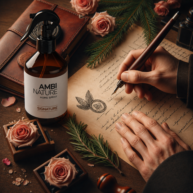 Ambiente de trabalho com Ambientador Líquido Premium Signature, flores e antigo papel, evocando elegância e frescura.