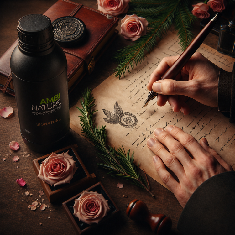 Essência Nebulizadora Ultra Concentrada AMBI NATURE Signature em um ambiente elegante, evocando um aroma amadeirado do tipo chipre-couro