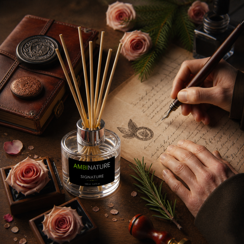Ambientador Mini Mikado Premium em ambiente vintage, com flores e papel, destacando o aroma Signature.