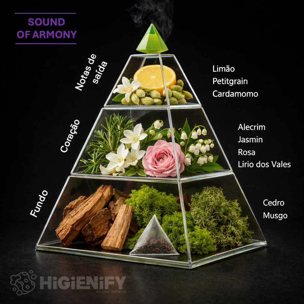 Piramide aromática com ingredientes do Ambientador Aerossol Premium Recarga Sound of Armony.