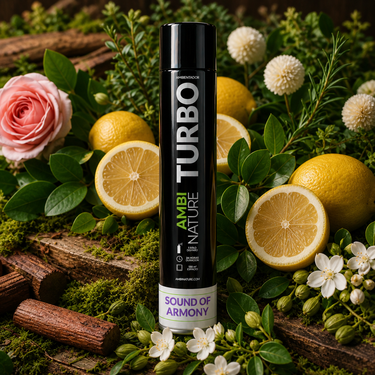 Ambientador Spray de Grande Descarga Sound of Armony 750ml rodeado por flores e frutas frescas