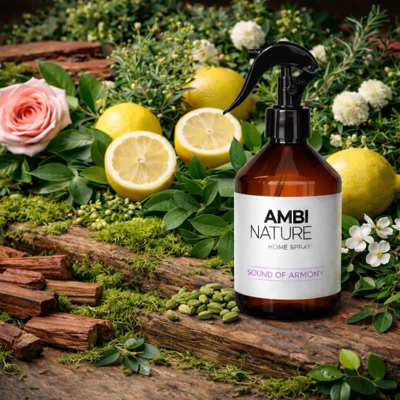 Ambientador Líquido Premium Sound of Armony em frasco, rodeado por flores, limões e ervas aromáticas.