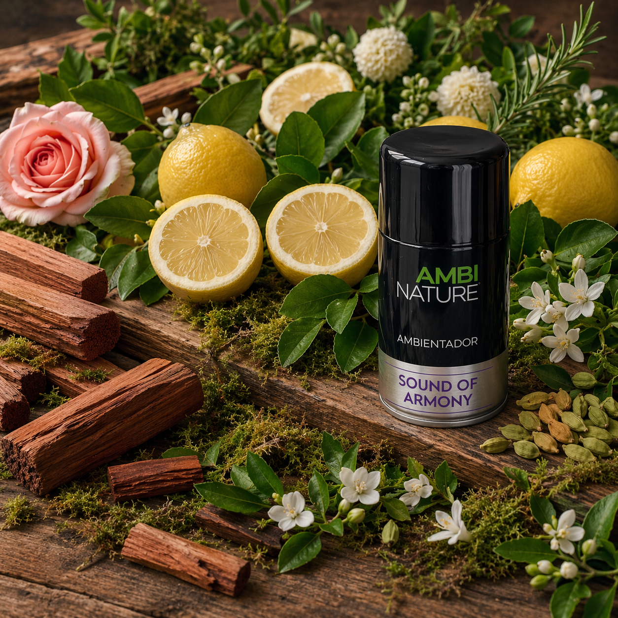 Ambientador Aerossol Premium Recarga Sound of Armony em cenário natural com flores e frutas frescas.