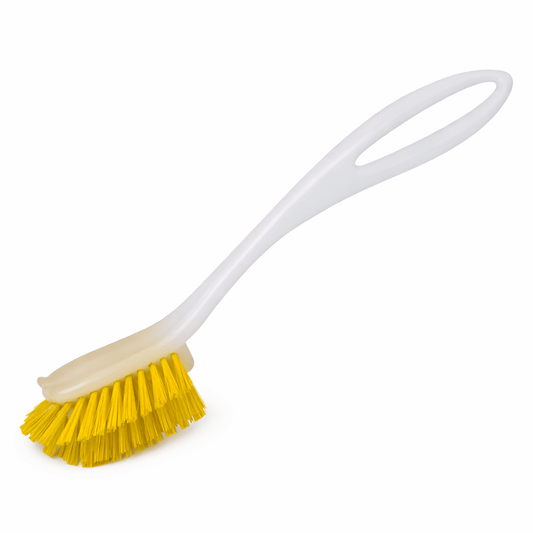 Escova Longa Rija com Pega, escova de limpeza multiusos com pega ergonómica e cerdas amarelas.