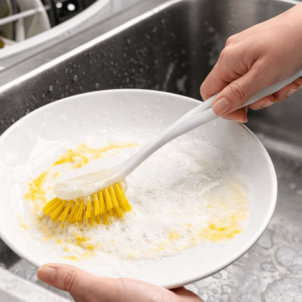 Escova Longa Rija com Pega a limpar prato com espuma, ideal para limpeza eficiente de louça.