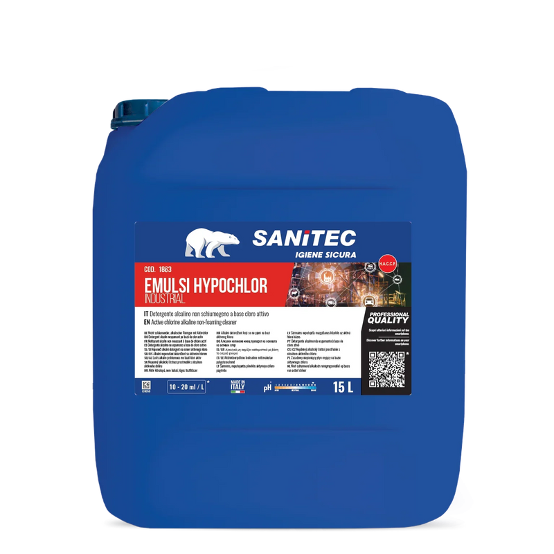 Detergente Industrial Clorado Concentrado para Sistemas CIP em embalagem de 15L da SANITEC EMULSI HYPOCHLOR.