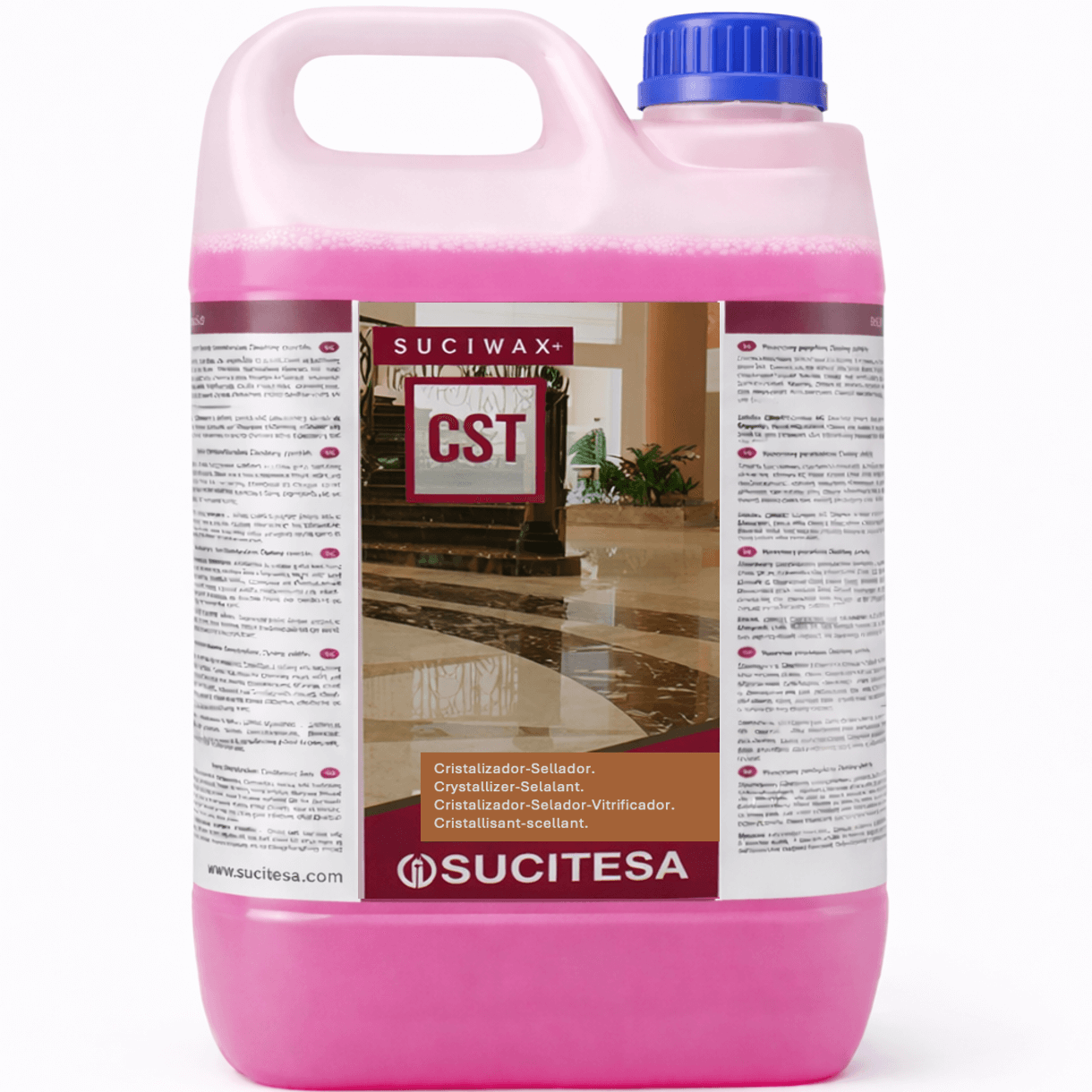 Cristalizador Profissional de Alta Performance 5L da Suciwax CST em recipiente rosa para tratamento de pavimentos.