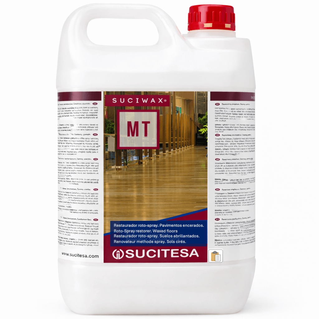Restaurador de Ceras Roto-Spray 5L, garrafão Suciwax MT para manutenção de pavimentos encerados.