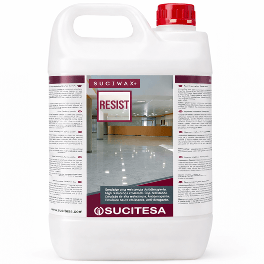 Cera Autobrilhante Pavimentos de Alta Resistência SUCIWAX RESIST em garrafão de 5 litros com alto brilho.