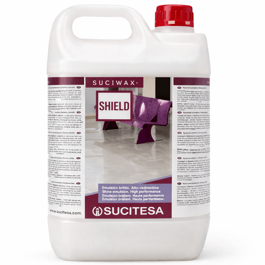 Cera Autobrilhante Pavimentos de Alto Brilho SUCIWAX SHIELD em garrafão de 5L com descrição do produto