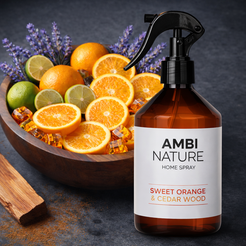 Ambientador Líquido Premium Sweet Orange & CedarWood em spray, com laranjas e cedro ao fundo.