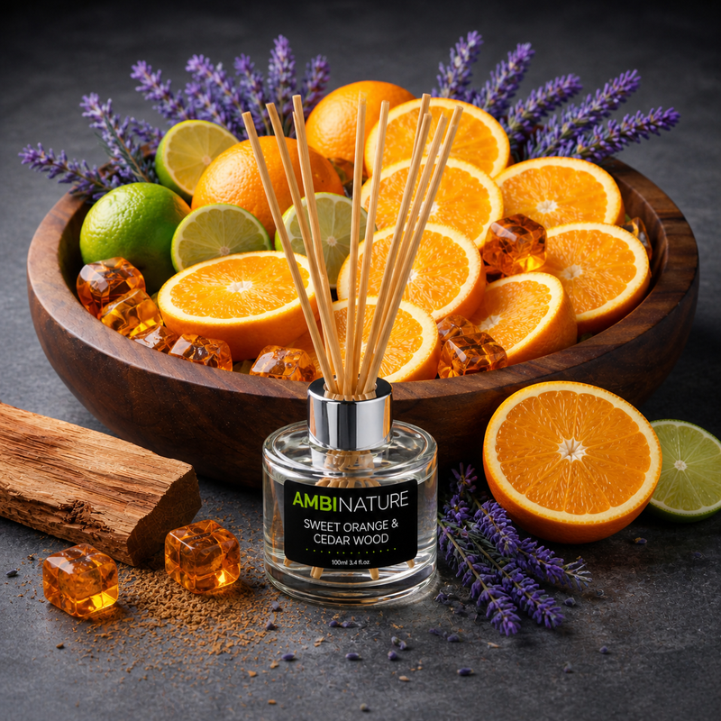 Ambientador Mini Mikado Premium com aroma de Sweet Orange & Cedar Wood, rodeado por laranjas e limas.