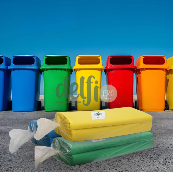 DELFI PRO SCI Saco Lixo Cor Verde Amarelo Azul Branco Vermelho Industrial 150 litros Reciclagem Ecoponto Empresas Separação Resíduos Profissional Embalagem 10Kg