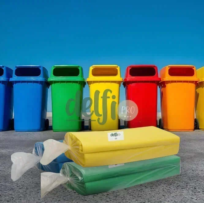 DELFI PRO SCI Saco Lixo Cor Verde Amarelo Azul Branco Vermelho Industrial 150 litros Reciclagem Ecoponto Empresas Separação Resíduos Profissional Embalagem 10Kg