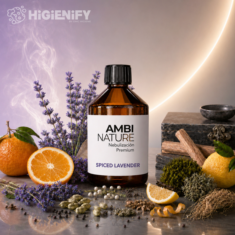 Recarga de Óleos Essenciais para Difusores SPICED LAVENDER em frasco com ervas e frutas aromáticas.
