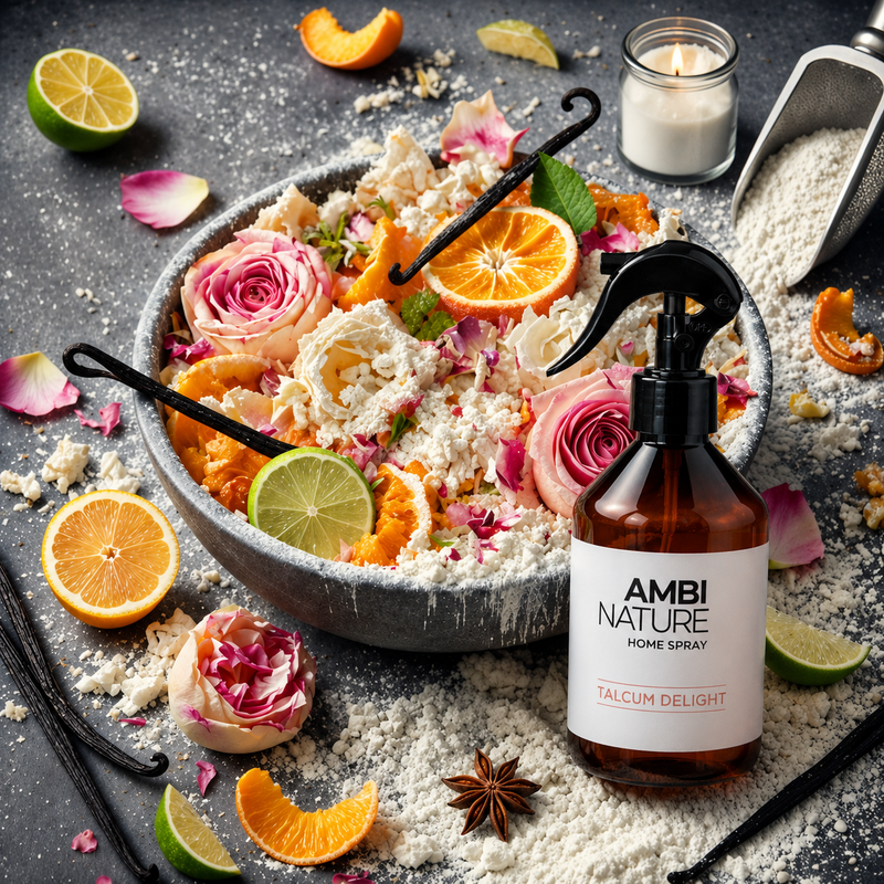 Ambientador Líquido Premium Talcum Delight em garrafa, rodeado de flores, frutas e aromatizantes para ambiente com aroma profundo de Talco