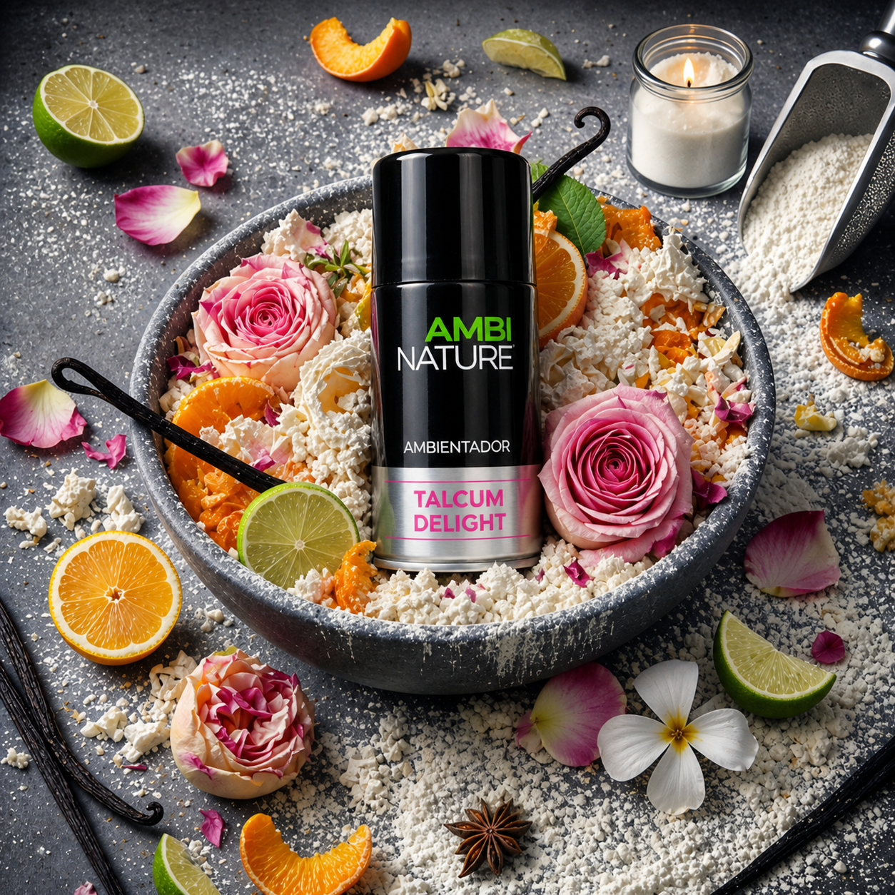 Ambientador Aerossol Premium Recarga Talcum Delight exposto com flores e frutas em um prato decorativo.
