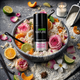 Ambientador Aerossol Premium Recarga Talcum Delight exposto com flores e frutas em um prato decorativo.