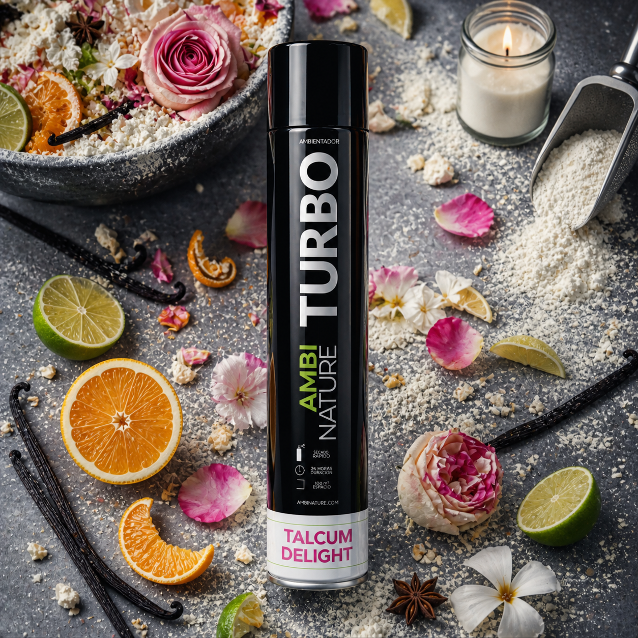 Ambientador Spray de Grande Descarga Talcum Delight 750ml da AmbiNature Turbo com flores e frutas