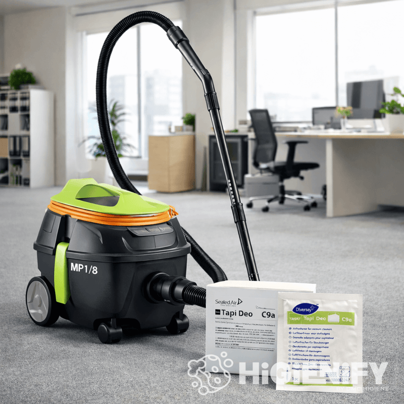 Aspirador de Pó Compacto Profissional IPC MP 1-8 em ambiente de escritório com produtos de limpeza, usando o Ambientador Profissional Granulado para Sacos de Aspirador TAPI DEO