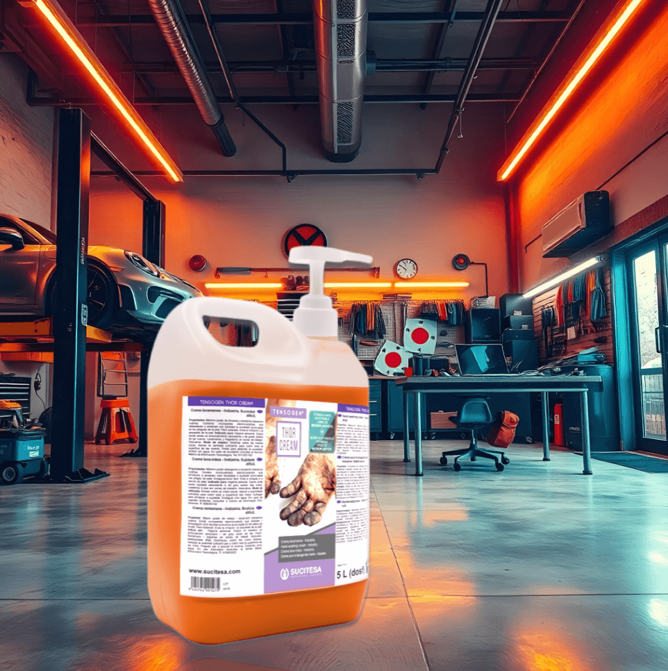 imagem promocional do Garrafão de Creme Lava Mãos Industrial com Micropérolas 5Kg da marca TENSOGEN THOR CREAM em uso numa oficina auto