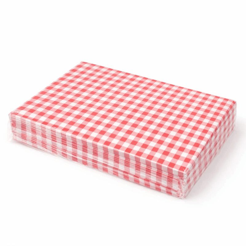 Toalhas de Mesa Individuais Xadrez Vichy 30x40cm empilhadas com padrão de xadrez vermelho e branco.