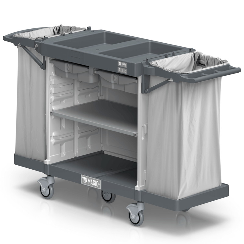 Carrinho Serviço Housekeeping TTS Magic Hotel 890B, ideal para o serviço de 8-10 quartos, com design robusto e funcional.