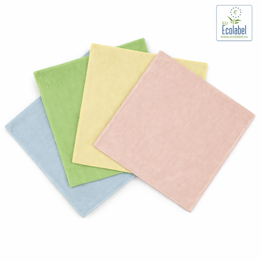 Pano Microfibras Multiusos Ecológico TTS em várias cores: azul, verde, amarelo e rosa, pack com 5 unidades, para uso profissional