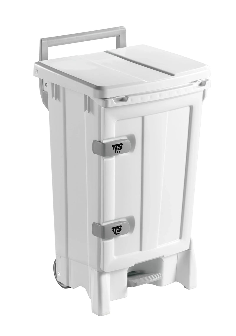 Contentor do Lixo Profissional com Rodas TTS Derby Open-Up XXL em branco, ideal para uso em restaurantes e clínicas.
