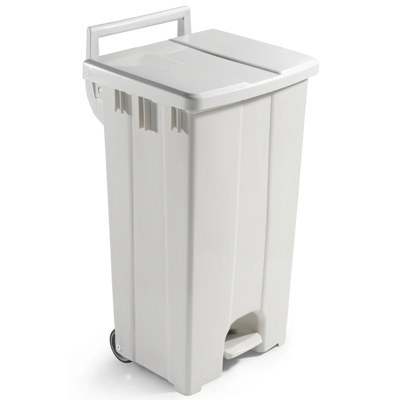 Contentor do Lixo Profissional com Rodas em branco, ideal para uso em restaurantes e espaços de alto movimento.