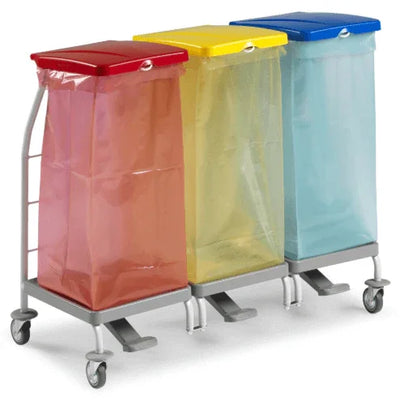 Central para Separação de Resíduos TTS com três sacos de lixo coloridos em carrinho móvel.