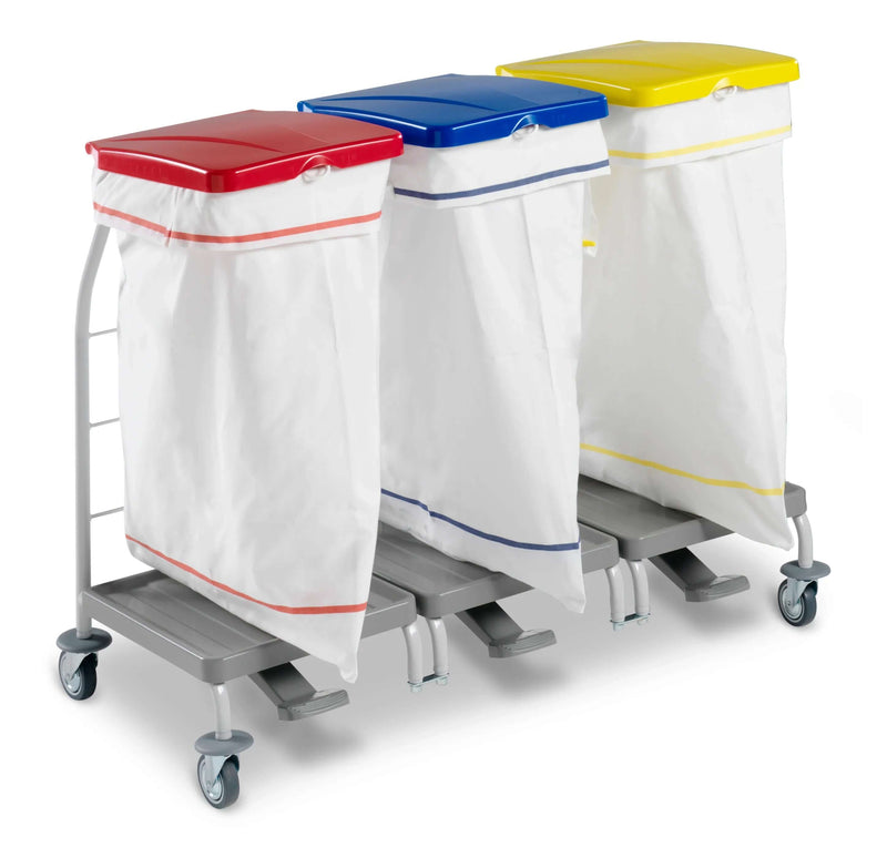 Central para Separação de Resíduos TTS com três compartimentos para lixo ou roupa, carrinho ergonómico e robusto