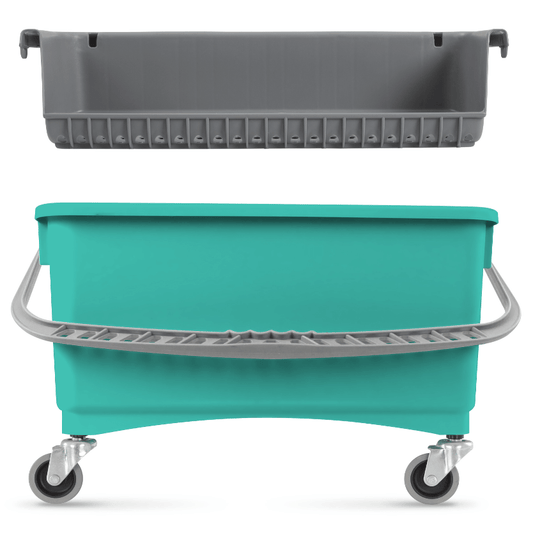 Balde Retangular com Rodas + Espremedor, balde multiusos em verde com rodinhas para fácil transporte e uso em limpeza.