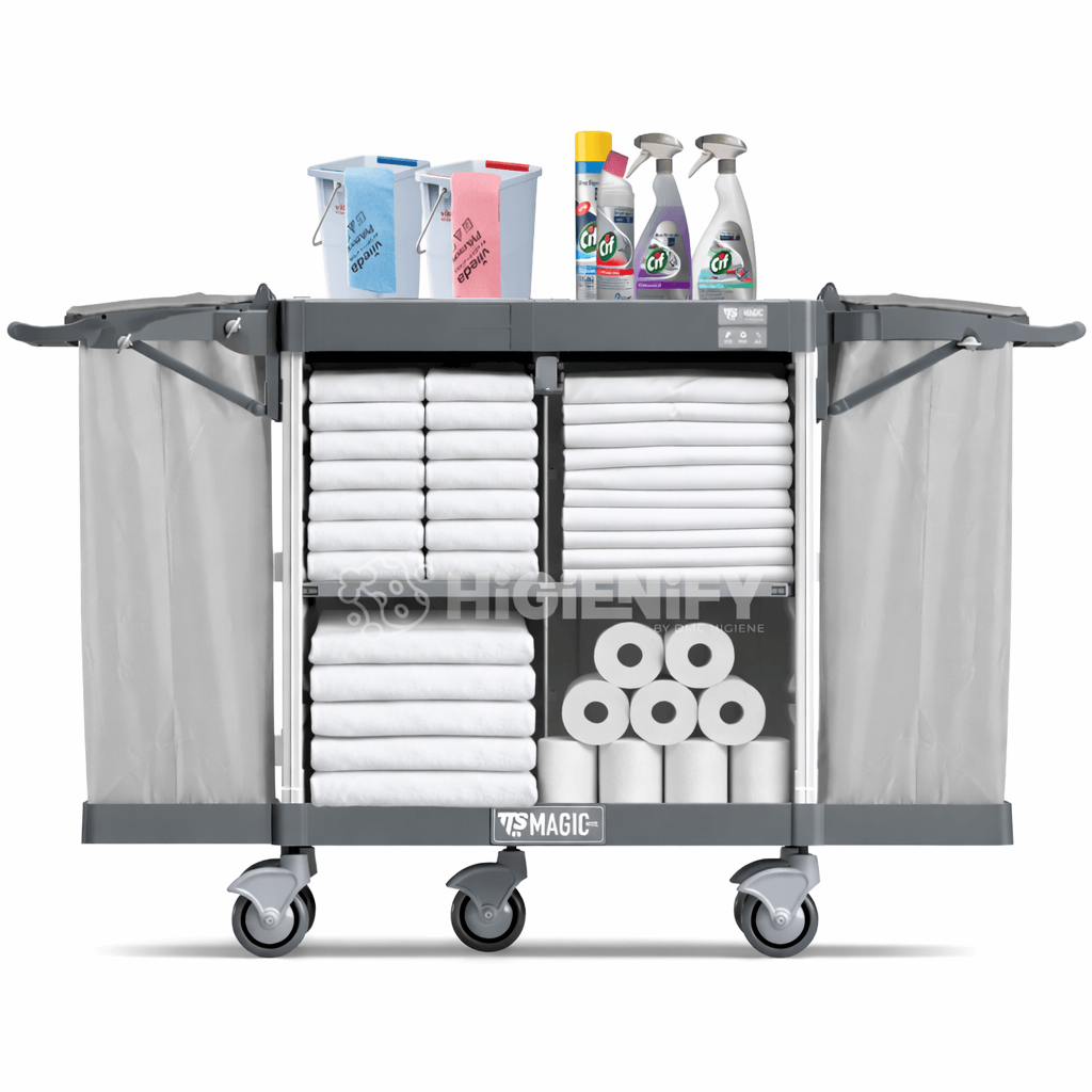 Carrinho Serviço Housekeeping TTS com toalhas, produtos de limpeza e material de serviços para 8-10 quartos.