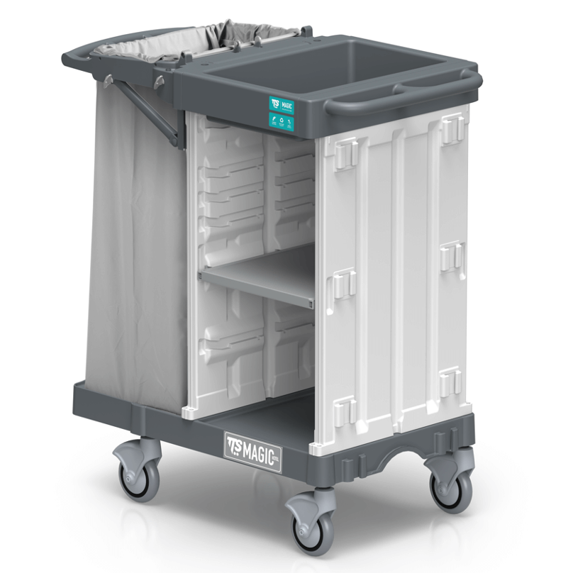 Carrinho Serviço Housekeeping TTS Magic Hotel 810B em destaque, ideal para 4-5 quartos, com design funcional e robusto.