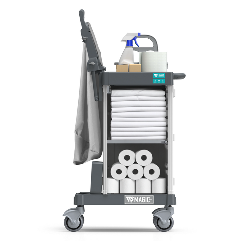 Carrinho Serviço Housekeeping TTS Magic Hotel 810B com toalhas, produtos de limpeza e acessórios organizados.