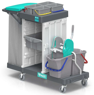 Carrinho Limpeza Piquete TTS MAGIC LINE 350B com compartimentos e baldes para limpeza profissional.